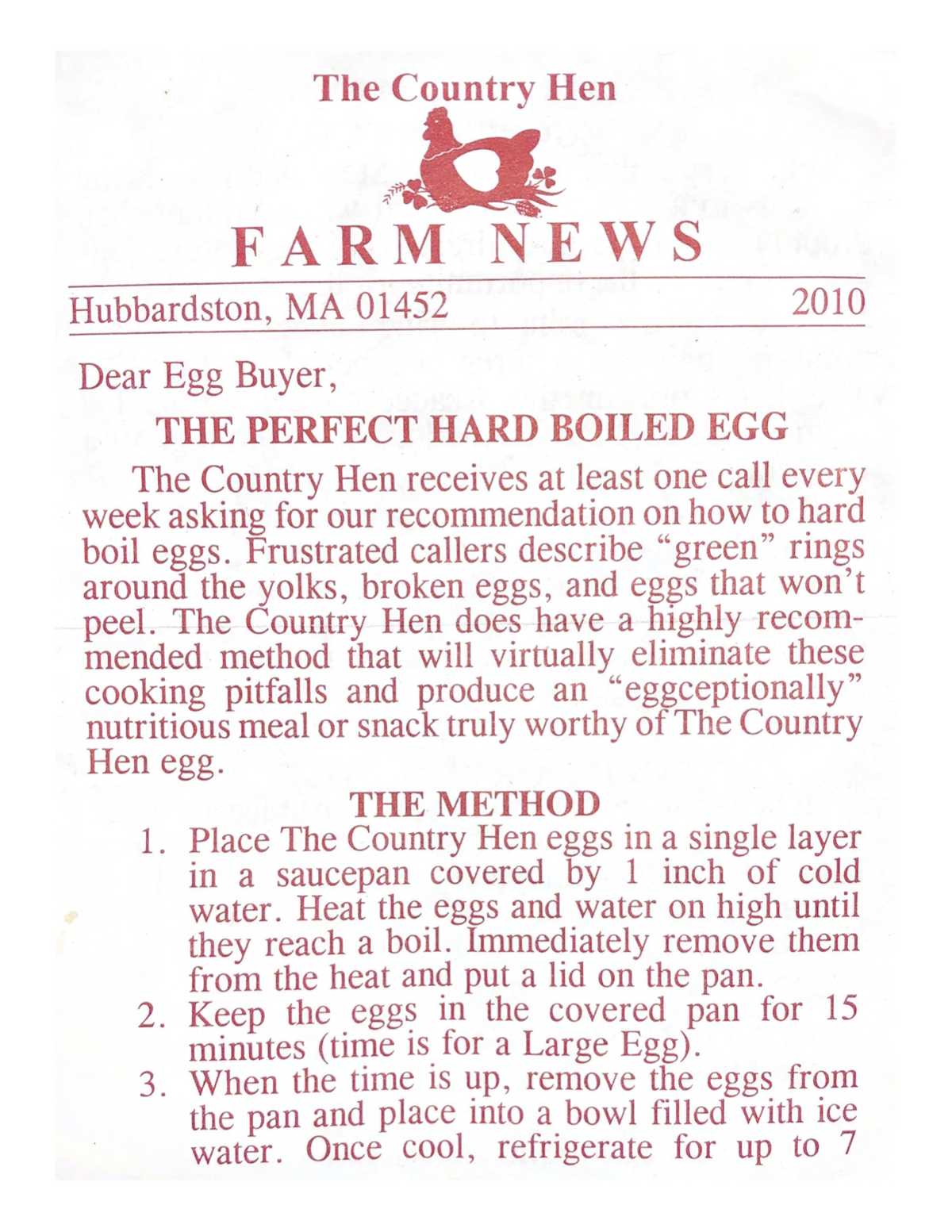 The Country Hen’s hard-boiled egg instructions, front